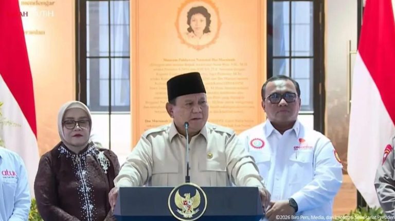 Presiden Prabowo Subianto dalam acara peresmian Museum Ibu Marsinah, Nganjuk, Sabtu (16/5/2026). (YouTube Sekretariat Presiden)
